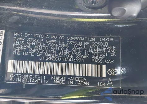 2008 Toyota Prius from USA, damaged, VIN JTDKB20U183416974